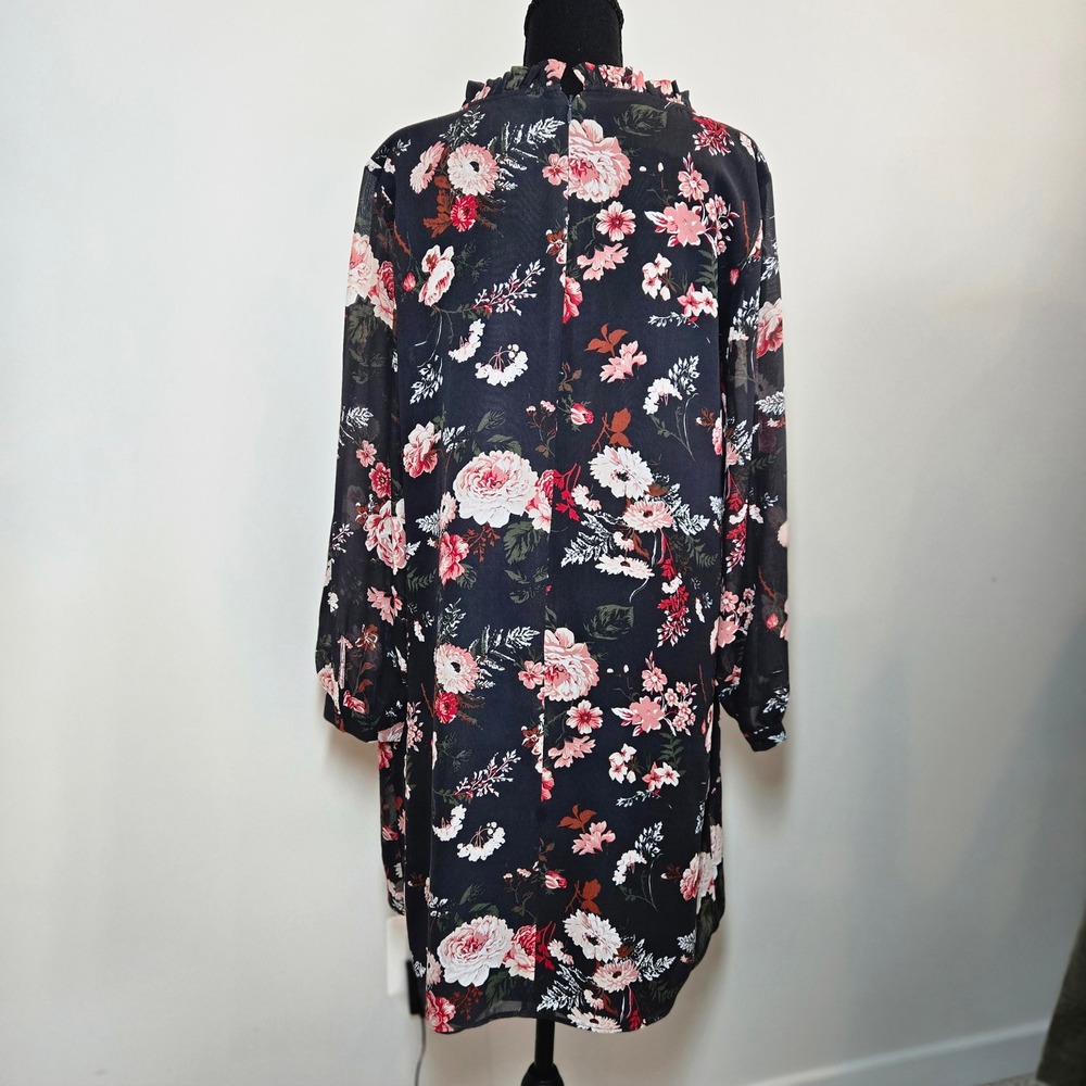 Loft Outlet Floral Shift Dress Womens 6 Black Ruffle Neck Long Sleeve (D10) - Picture 4 of 11